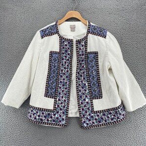 Chicos Jacket Womens 2 US Large Petite White 3/4 Sleeve Tonal Stripe Embellished